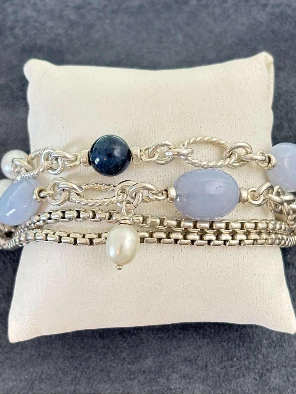 David Yurman Multi-Strand Bracelet with Chalcedony & Pearls 6.5-7" - Picture 6 of 9